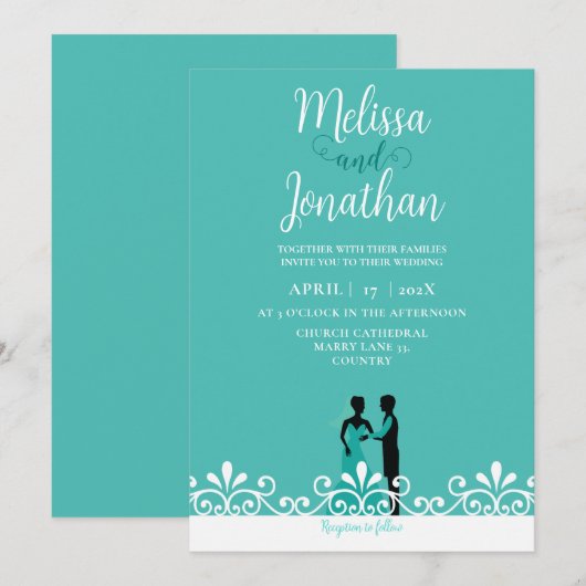 Invitation Turquoise Blanc Élégant Mariage Mariée et Salle (Devant / Derrière)