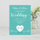 Invitation Turquoise Blanc Élégant Paraphes du coeur de maria (Debout devant)