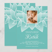 Invitation Turquoise Blanc Lotus Premier Riz Photo (Devant / Derrière)