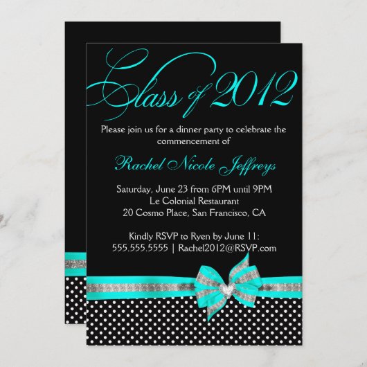 Invitation turquoise blanche noire d'obtention du (Devant / Derrière)