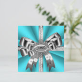 Invitation Turquoise bleu Aqua Bow Argent 30e Black White Gem (Debout devant)
