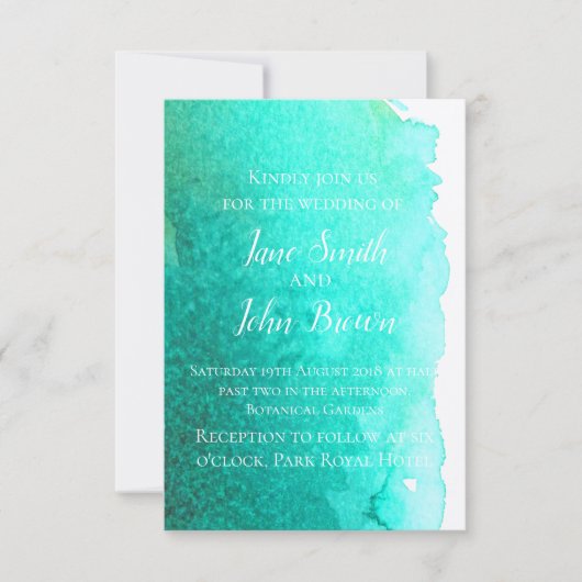 Invitation Turquoise bleu aquarelle art moderne mariage (Devant)