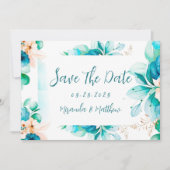 Invitation Turquoise Bleu Aquarelle Floral Enregistrer Les Ca (Devant)
