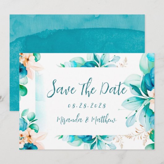 Invitation Turquoise Bleu Aquarelle Floral Enregistrer Les Ca (Devant / Derrière)