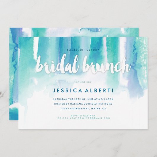 Invitation Turquoise Bleu Aquarelle Laver Bridal Brunch Invit (Devant / Derrière)