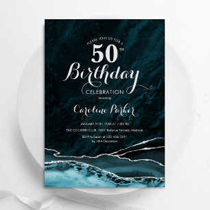 Invitation Turquoise Bleu Argent Agate Marbre 50e anniversair