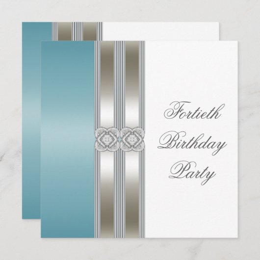 Invitation Turquoise Bleu Argent Blanc Classy 40e fête d'anni (Devant / Derrière)