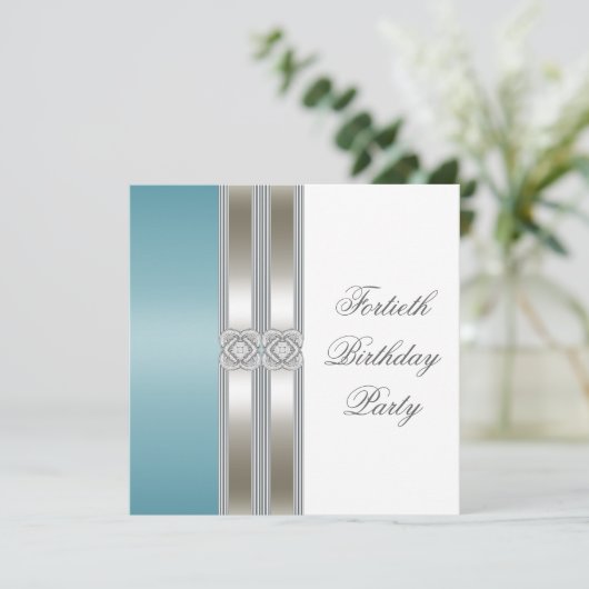 Invitation Turquoise Bleu Argent Blanc Classy 40e fête d'anni (Debout devant)