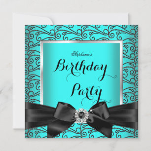 Invitation Turquoise Bleu Argent Diamants Noirs Fête d'annive