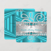 Invitation Turquoise Bleu Argent Diamants Perle Fête d'annive (Devant / Derrière)