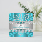 Invitation Turquoise Bleu Argent Diamants Perle Fête d'annive (Debout devant)