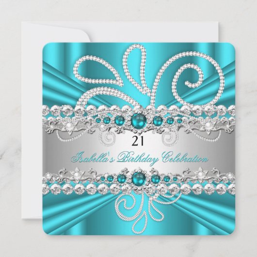 Invitation Turquoise Bleu Argent Diamants Perle Fête d'annive (Devant)