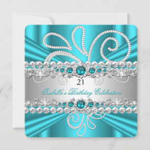 Invitation Turquoise Bleu Argent Diamants Perle Fête d'annive
