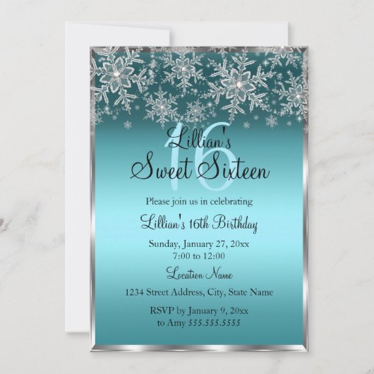 Invitation Turquoise Bleu Argent Flocon de Neige S (Devant)