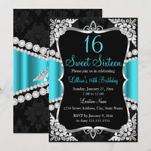 Invitation Turquoise Bleu Argent Noir Couronne Swe
