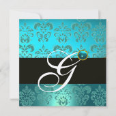 INVITATION TURQUOISE BLEU ARGENT NOIR DAMAS MONOGRAMME (Devant)