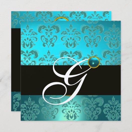 INVITATION TURQUOISE BLEU ARGENT NOIR DAMAS MONOGRAMME (Devant / Derrière)