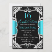 Invitation Turquoise Bleu Argent Noir Tiara Sweet 16 Invitati (Devant)