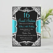 Invitation Turquoise Bleu Argent Noir Tiara Sweet 16 Invitati (Debout devant)