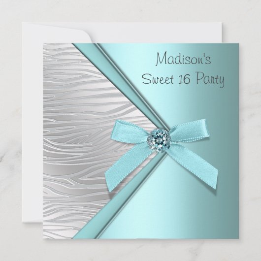 Invitation Turquoise Bleu Argent Zèbre Sweet 16 Party (Devant)