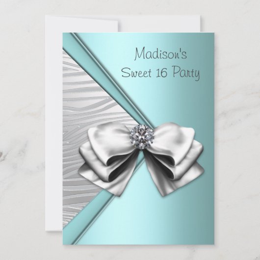 Invitation Turquoise Bleu Argent Zèbre Sweet 16 Party (Devant)