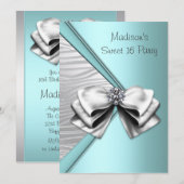 Invitation Turquoise Bleu Argent Zèbre Sweet 16 Party (Devant / Derrière)