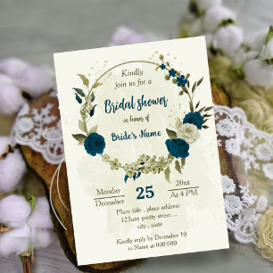Invitation turquoise bleu beige fleurs botanique douche de nu