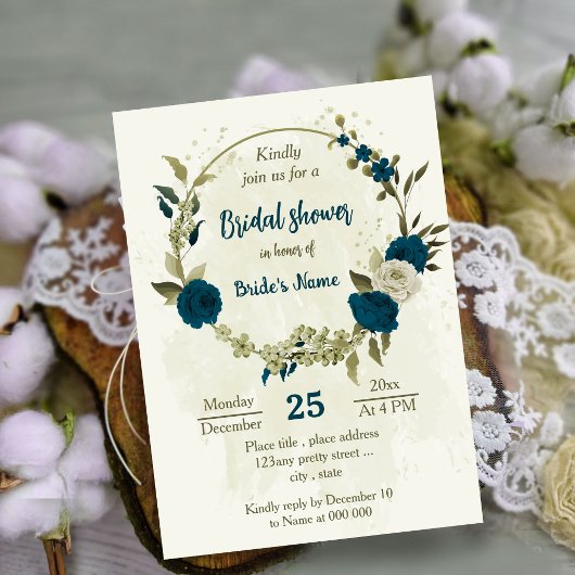Invitation turquoise bleu beige fleurs botanique douche de nu