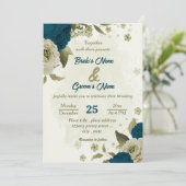 Invitation turquoise bleu beige fleurs mariage botanique (Debout devant)