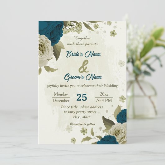 Invitation turquoise bleu beige fleurs mariage botanique (Debout devant)
