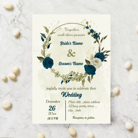 Invitation turquoise bleu beige fleurs mariage botanique