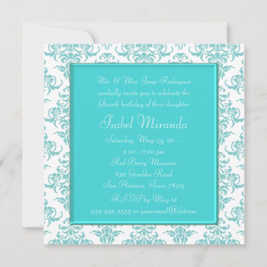 Invitation Turquoise bleu blanc Damas Diamant Quinceanera (Dos)