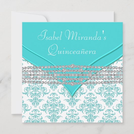 Invitation Turquoise bleu blanc Damas Diamant Quinceanera (Devant)