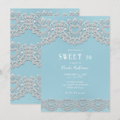 Invitation Turquoise Bleu Blanc dentelle Coeur doux 16 (Devant / Derrière)