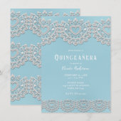 Invitation Turquoise bleu blanc dentelle Coeur Quinceañera (Devant / Derrière)