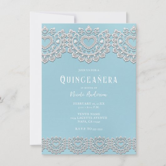 Invitation Turquoise bleu blanc dentelle Coeur Quinceañera (Devant)