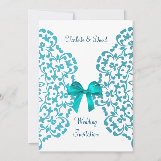 Invitation Turquoise Bleu Blanc Élégant Mariage en dentelle C (Devant)
