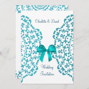 Invitation Turquoise Bleu Blanc Élégant Mariage en dentelle C