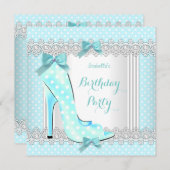 Invitation Turquoise bleu blanc Polka point haut talon fête d (Devant / Derrière)