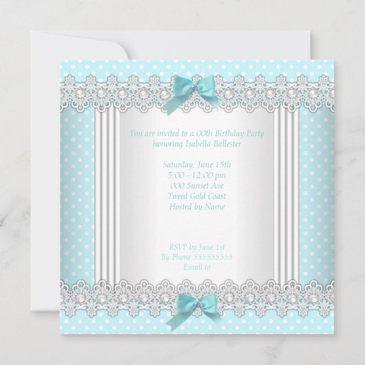 Invitation Turquoise bleu blanc Polka point haut talon fête d (Dos)