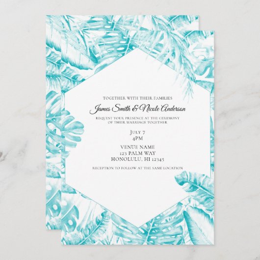 Invitation Turquoise Bleu Blanc Tropical Palm Feuille Mariage (Devant / Derrière)