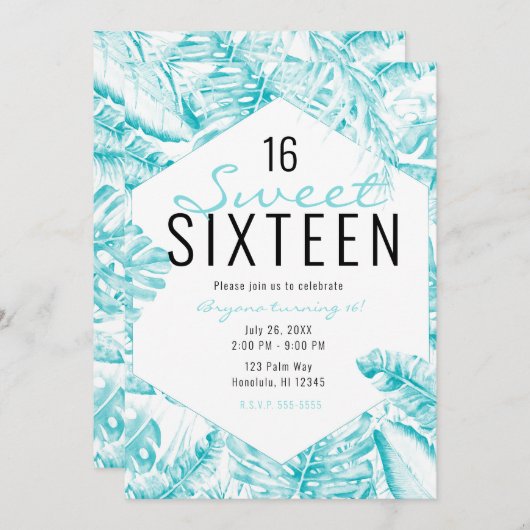 Invitation Turquoise Bleu Blanc Tropical Palm Feuille Sweet 1 (Devant / Derrière)