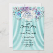Invitation Turquoise Bleu Blanc Violet Floral fête d'annivers (Devant)