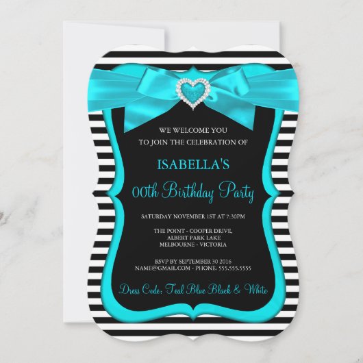 Invitation Turquoise Bleu Bow Noir Blancs Fête Anniversaire (Devant)