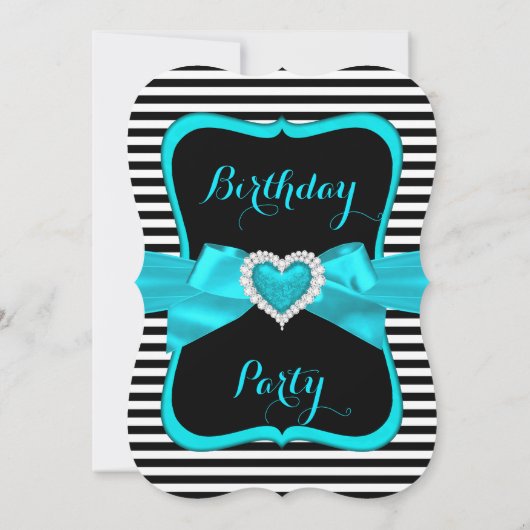 Invitation Turquoise Bleu Bow Noir Blancs Fête Anniversaire (Dos)