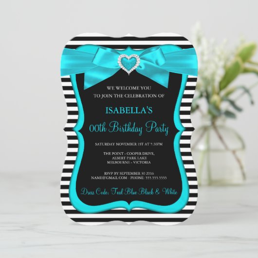 Invitation Turquoise Bleu Bow Noir Blancs Fête Anniversaire (Debout devant)