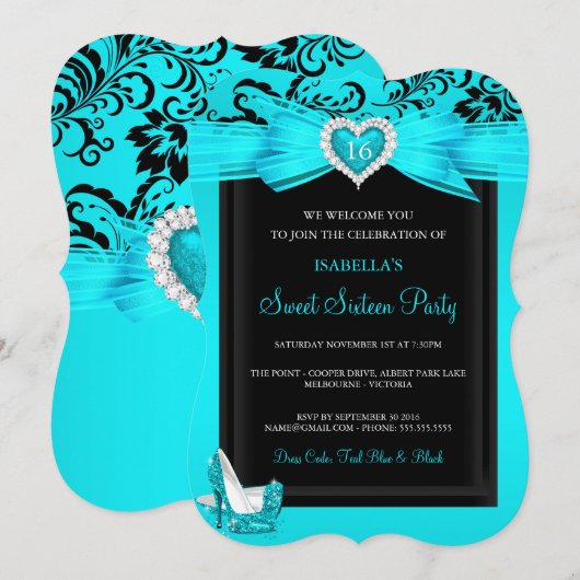 Invitation Turquoise Bleu Coeur Doux 16 Anniversaire Fête tal (Devant / Derrière)