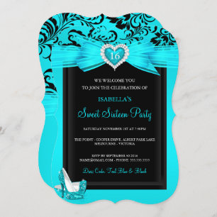 Invitation Turquoise Bleu Coeur Doux 16 Anniversaire Fête tal