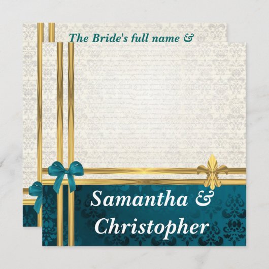 Invitation Turquoise bleu & crème damask & or ruban mariage (Devant / Derrière)