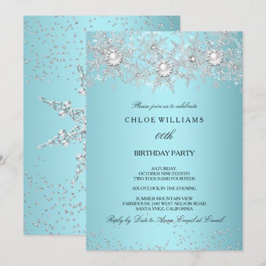 Invitation Turquoise bleu cristal Pearl Flocon de neige hiver (Devant / Derrière)